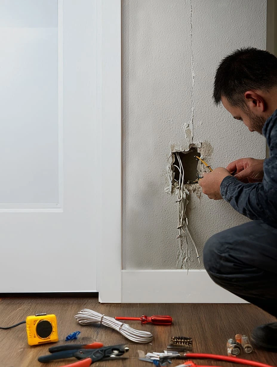 Travaux d’installation électrique avec réparation des fils dans un mur