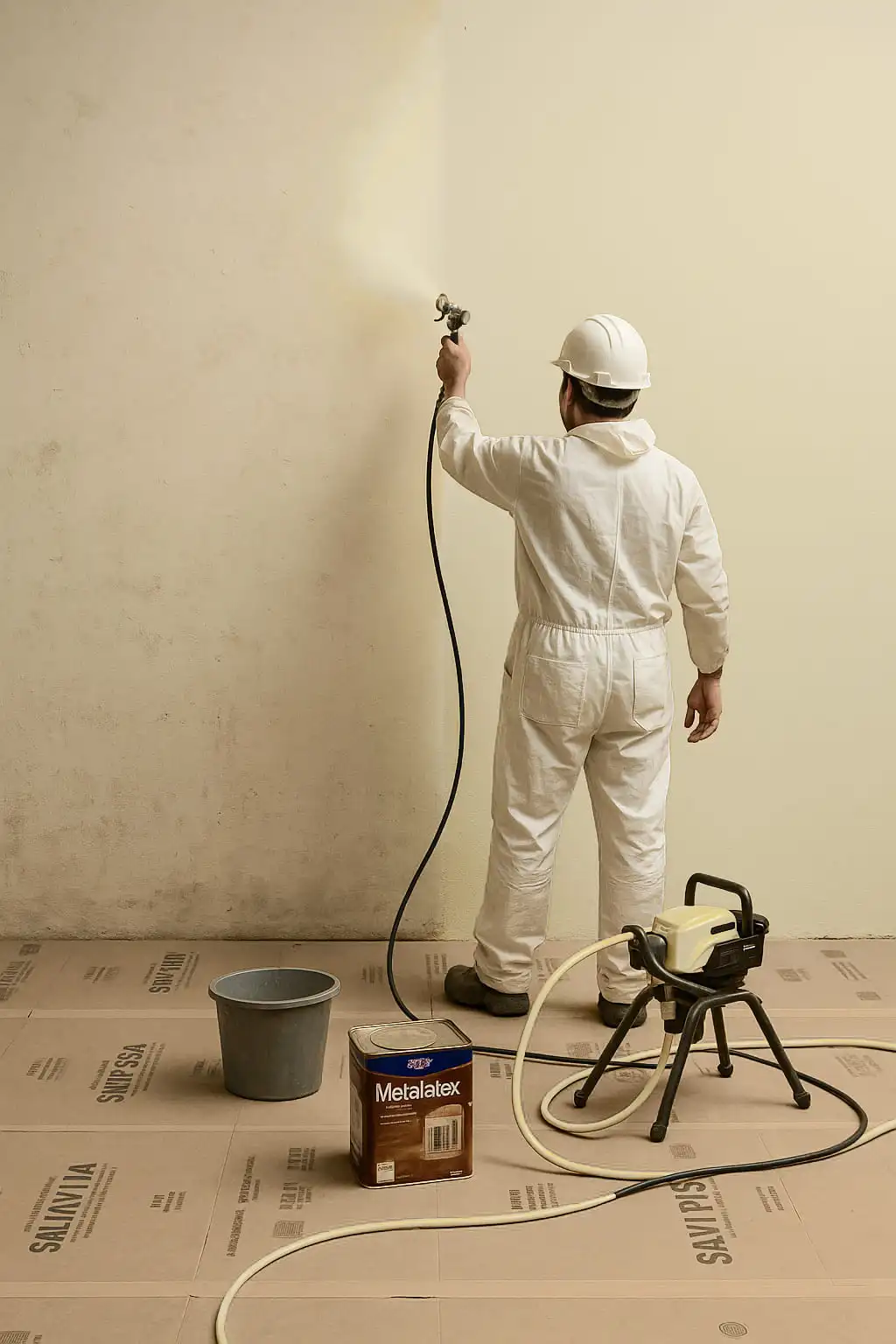 Peintre professionnel appliquant une couche de peinture au pistolet